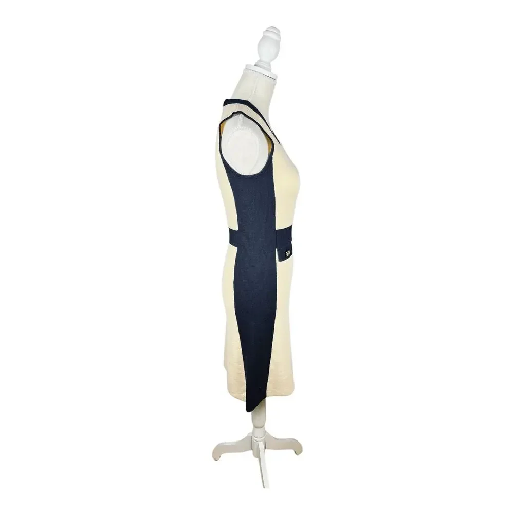 Tory Burch Cream Navy Colorblock Knit Dress Medallion Buttons Sleeveless S